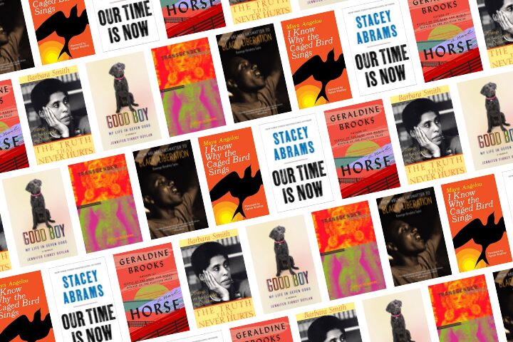 A seamless pattern featuring repeated book covers, including “Our Time is Now,” “I Know Why the Caged Bird Sings,” “Good Boy,” and “Horse,” arranged in a diagonal grid on a white background.