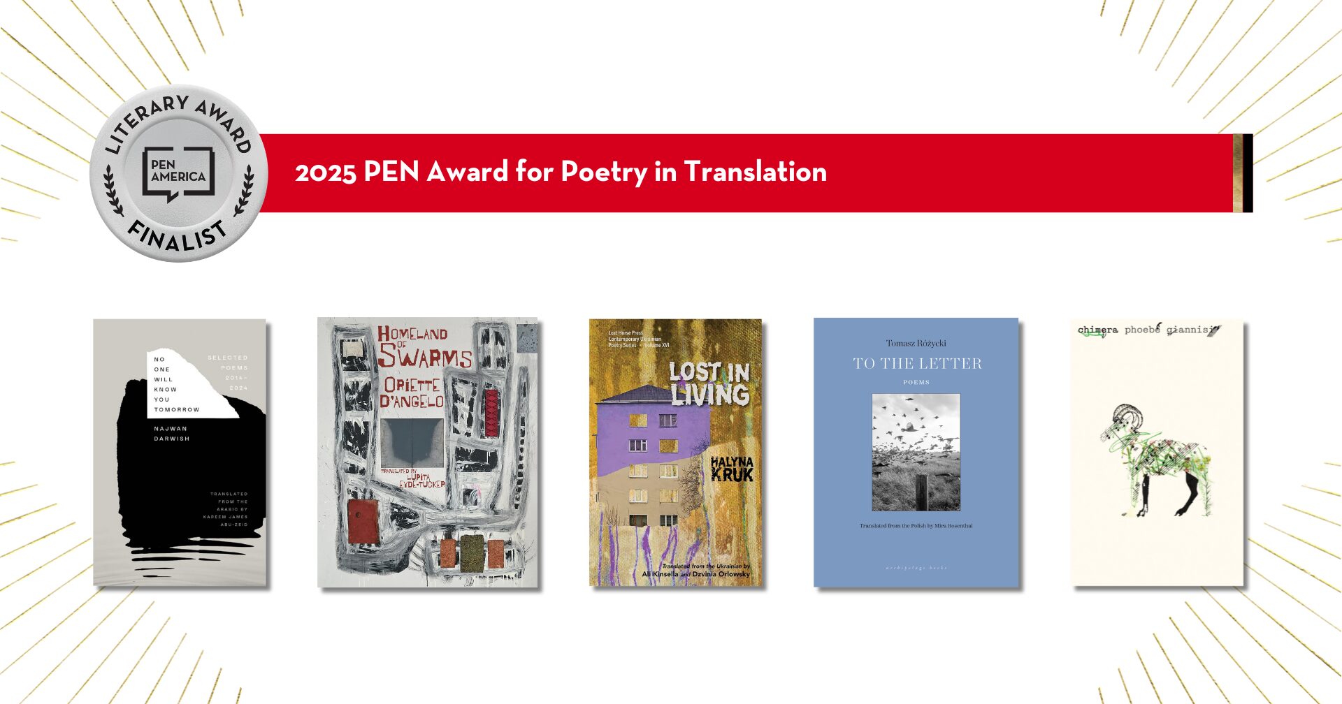 Image featuring book covers of five finalists for the 2025 PEN Award for Poetry in Translation. Includes PEN America finalist badge and title text: 2025 PEN Award for Poetry in Translation. Book titles unreadable from the image.
