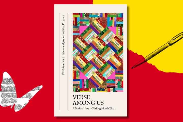 Cover of Verse Among Us: A NaPoWriMo Zine by PEN America. It features a colorful quilt pattern. The background is half red and half yellow, with a black and gold pen to the side and a sketched butterfly in the corner.