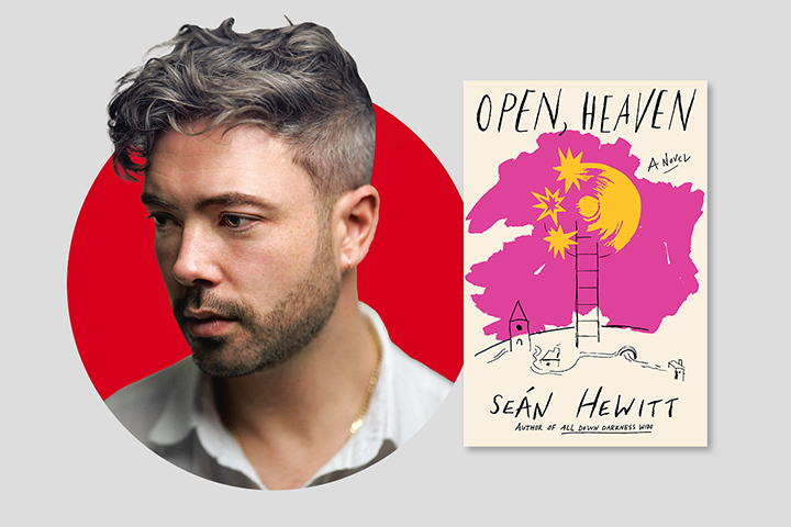 A man with short, wavy, gray hair and a trimmed beard is shown in profile against a red circle. Next to him is the cover of a book titled Open Heaven by Seán Hewitt, featuring abstract art of a tower and a pink sky.