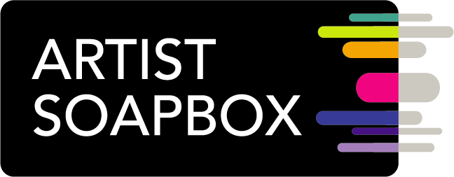 Artist Soapbox logo with white text on a black background, accompanied by stacked, rounded colorful bars in green, yellow, orange, pink, blue, and purple on the right side.