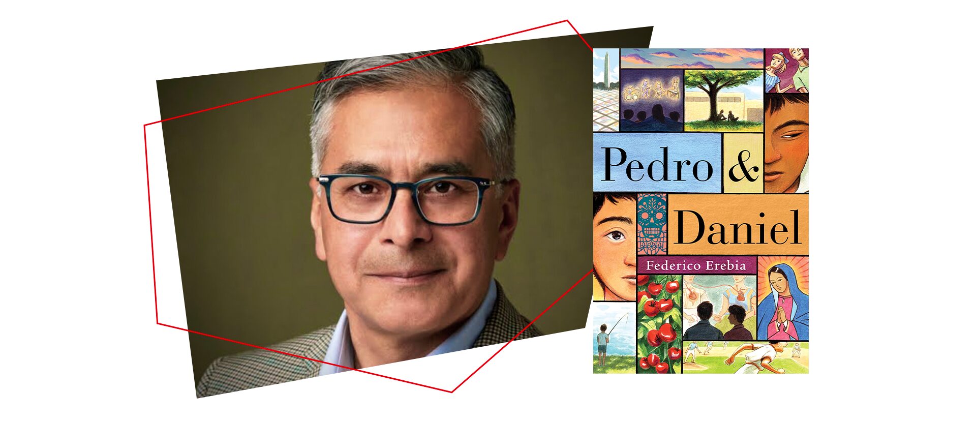 A portrait of a man with gray hair and glasses next to the book cover of Pedro & Daniel by Federico Erebia, which features colorful illustrations of faces, trees, fruit, and other scenes.