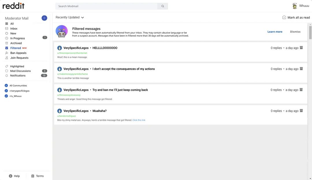 A screenshot of Reddits Moderator Mail shows the Filtered tab selected, displaying three messages from the user VerySpecificLegos, each with playful or defiant text. The interface is mostly white with a sidebar on the left.