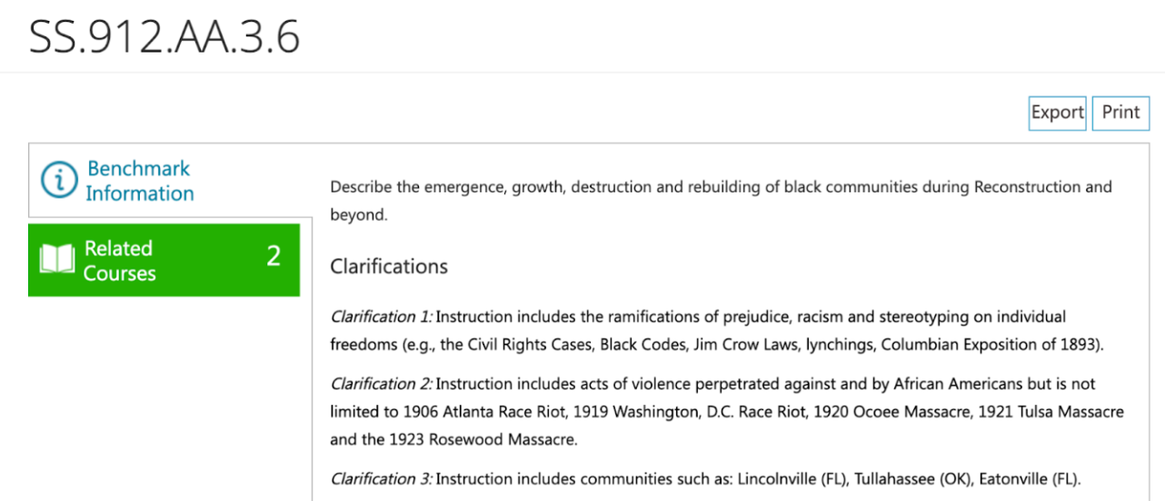 Screenshot of an educational webpage for standard SS.912.AA.3.6, describing Black communities history. It includes a “Related Courses” box, clarifications, and mentions events like the Civil Rights Cases, Jim Crow, and major riots.