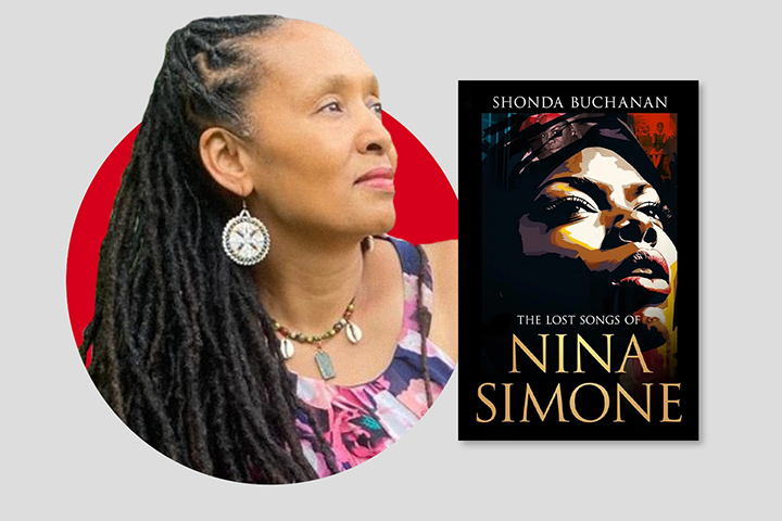 A woman with long braided hair and beaded jewelry looks thoughtfully to the side, next to the book cover The Lost Songs of Nina Simone by Shonda Buchanan, featuring an illustrated portrait of Nina Simone.