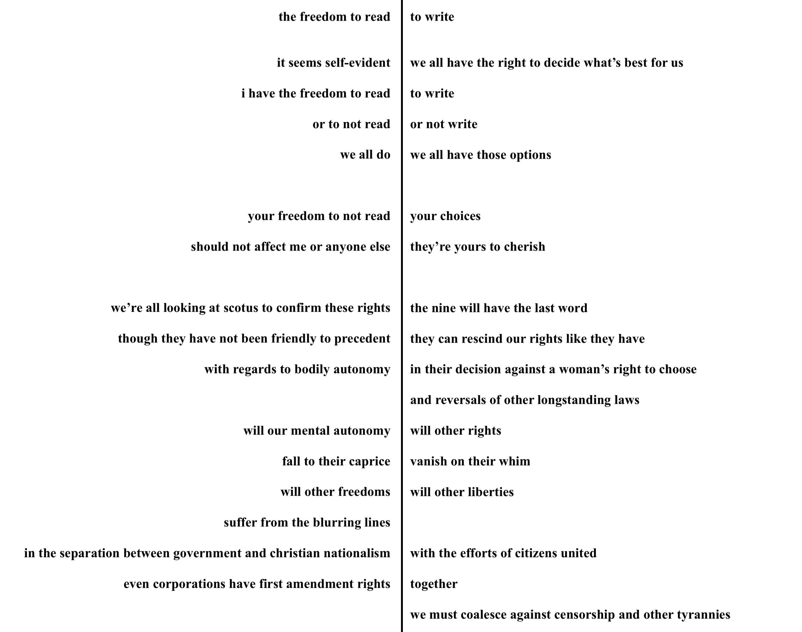 A black-and-white image featuring two columns of text. The left side argues for freedom to read and personal choice, while the right side warns of losing rights, especially regarding autonomy, if those freedoms are not protected.