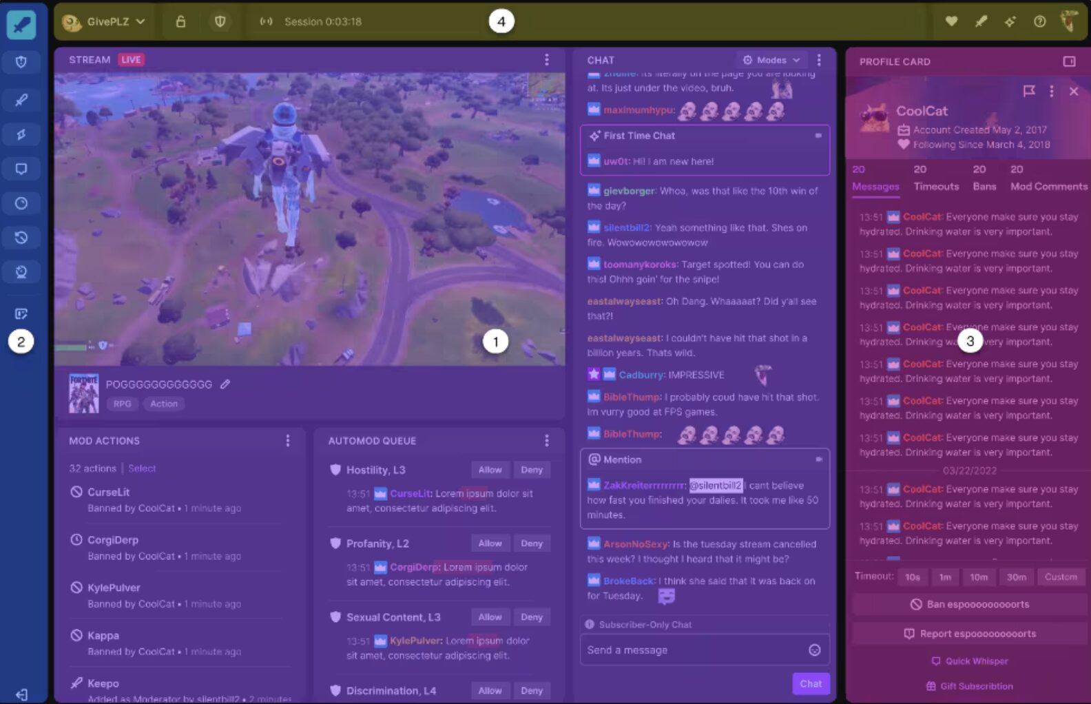 A streaming dashboard shows a Fortnite gameplay video, a live chat feed with messages and emotes, and moderation tools for reviewing flagged chat content. The interface uses purple tones and organized panels.