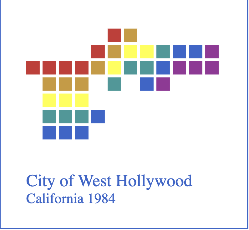 A grid of colorful squares arranged in a staggered, abstract pattern above blue text that reads, City of West Hollywood California 1984 on a white background.