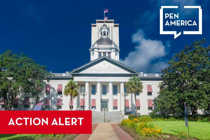 The Florida State Capitol building with a blue sky in the background, “PEN America” logo in the top right, a red banner reading “Action Alert” in the bottom left, and the message Don’t Censor America boldly featured.