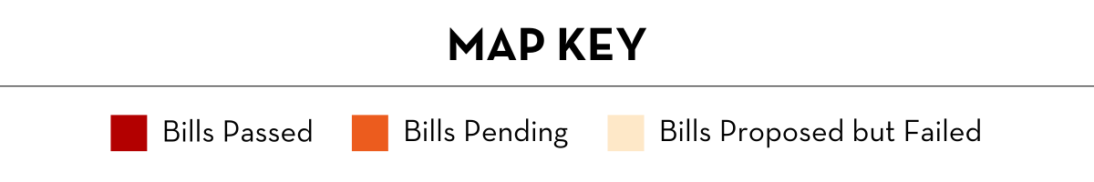 Map key with three colored squares: dark red for Bills Passed, orange for Bills Pending, and light beige for Bills Proposed but Failed.