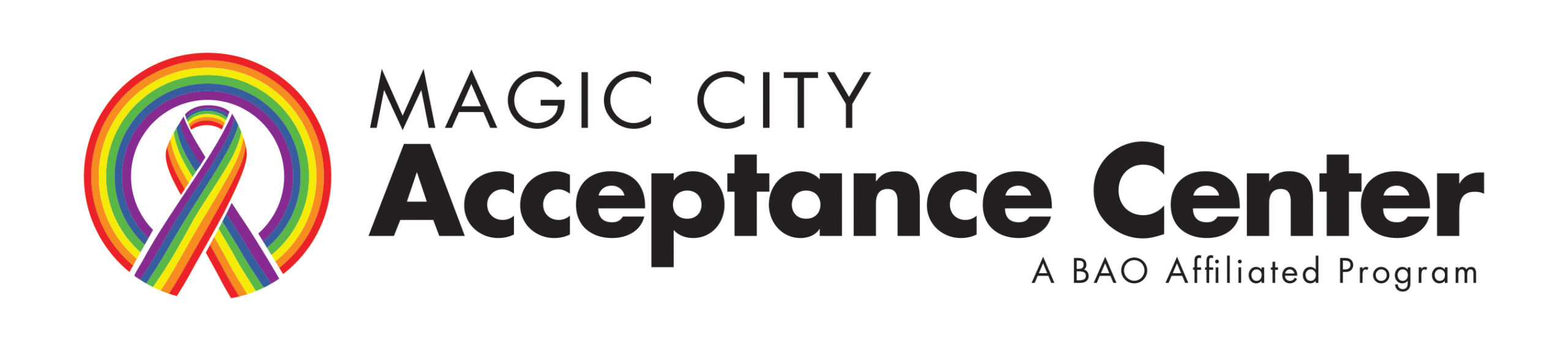Logo for Magic City Acceptance Center featuring a rainbow ribbon on the left and the text “Magic City Acceptance Center - A BAO Affiliated Program” in black on a white background.