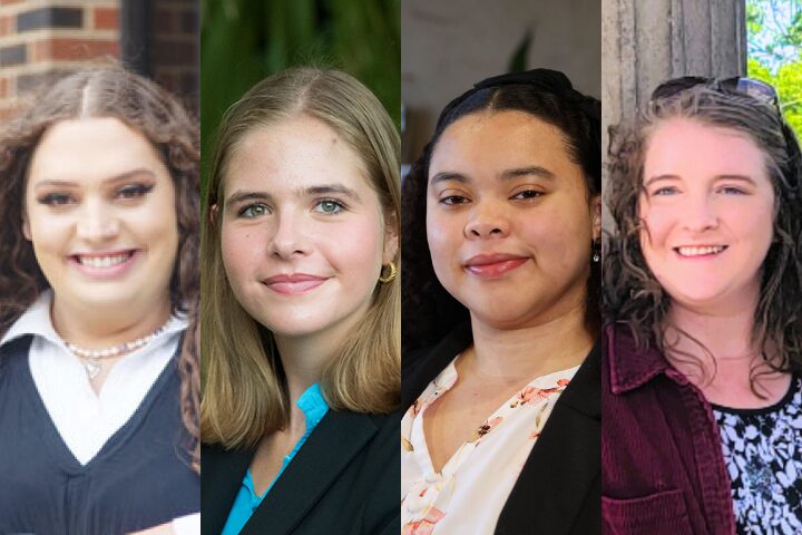 Four women are shown in a split-image portrait, each facing the camera and smiling. They have different hair colors and styles, and they are dressed in professional or semi-formal attire.