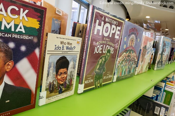 A row of childrens and young adult books, including titles like Who Was Ida B. Wells?, A Nations Hope: The Story of Boxing Legend Joe Louis, and others, displayed on a green shelf in a well-lit space.