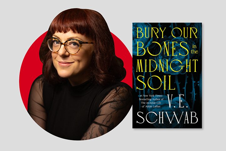 A woman with short red hair, glasses, and a black top smiles in front of a red circle. Next to her is the book cover for Bury Our Bones in the Midnight Soil by V.E. Schwab, featuring yellow and white text on a dark background.