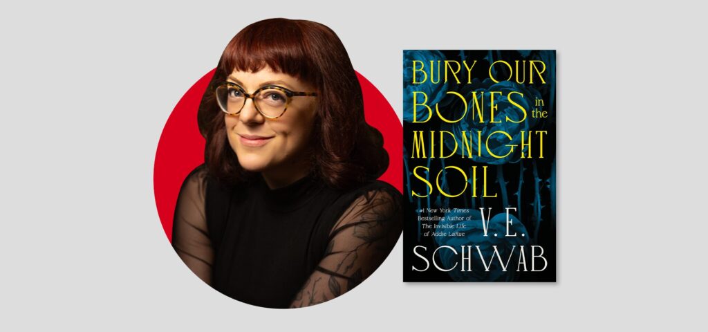 A woman with red hair and glasses smiles beside the book cover for Bury Our Bones in the Midnight Soil by V. E. Schwab, shown against a light gray background.