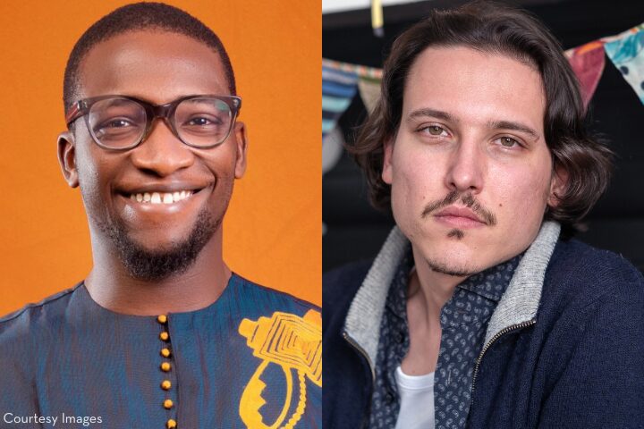 Two men side by side: one with glasses, short hair, and a patterned shirt smiling in front of an orange background; the other with shoulder-length hair, mustache, and a serious expression against a blurred indoor backdrop.