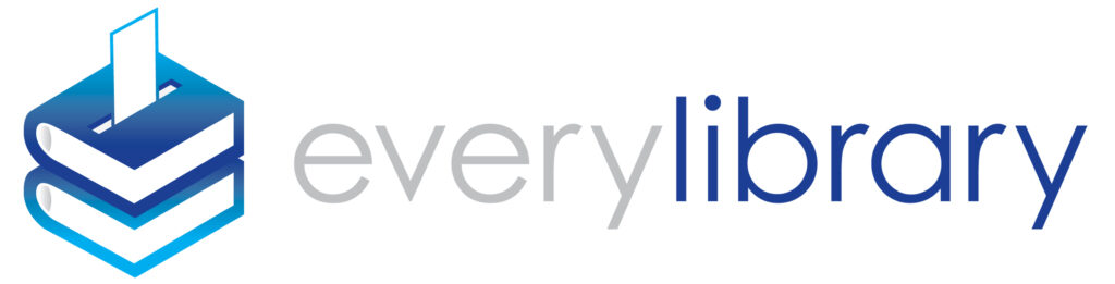Logo featuring a blue cube made of stacked books with a white bookmark, next to the words everylibrary in gray and blue text on a white background.
