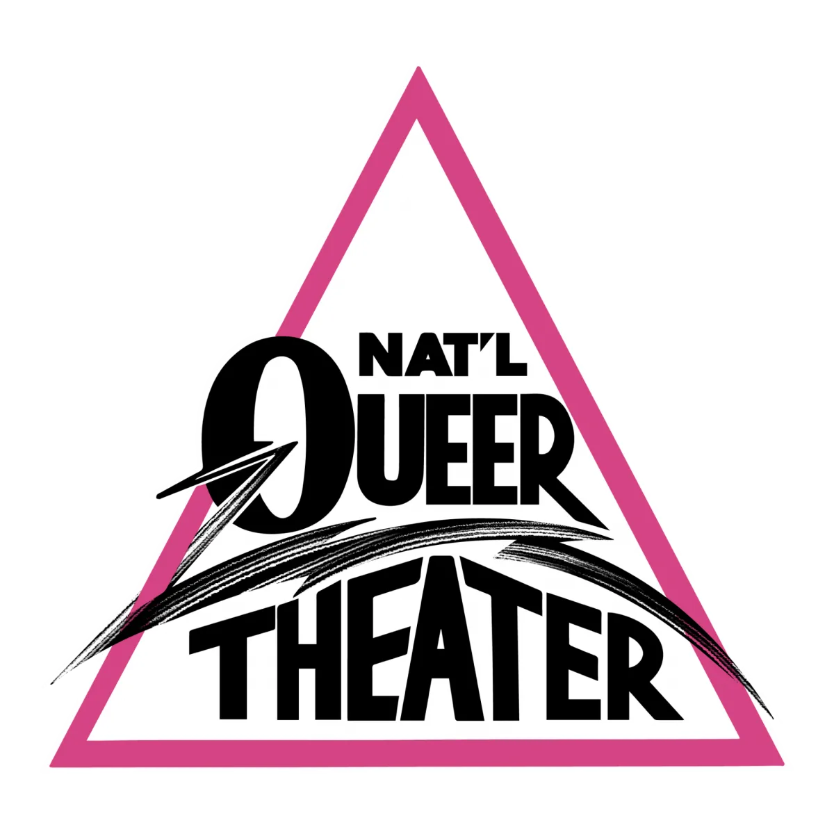 A pink-bordered triangle with bold black text inside reading NAT’L QUEER THEATER, with stylized lines cutting through the letters.