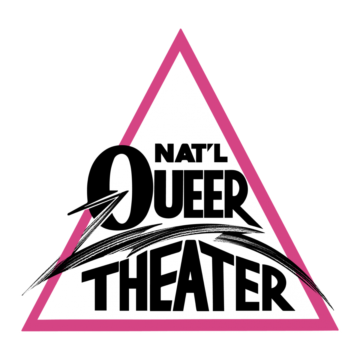 A pink-bordered triangle with bold black text inside reading NAT’L QUEER THEATER, with stylized lines cutting through the letters.