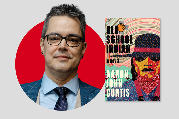 A person in glasses and a blue suit stands in front of a red circle. Next to them is a colorful book cover titled Old School Indian: A Novel by Aaron John Curtis, featuring a stylized portrait of a person in sunglasses and a bandana.