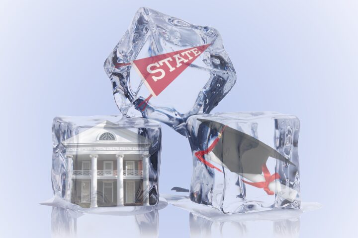 Three ice cubes contain a college pennant labeled STATE, a neoclassical campus building, and a graduation cap with a red tassel, symbolizing aspects of college life frozen in ice.