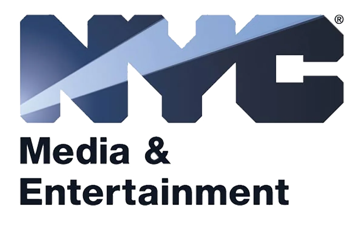 Logo for NYC Media & Entertainment featuring large, bold NYC letters in gradient blue shades with a diagonal light streak, capturing the spirit of dreaming out loud, and Media & Entertainment written below in black text.