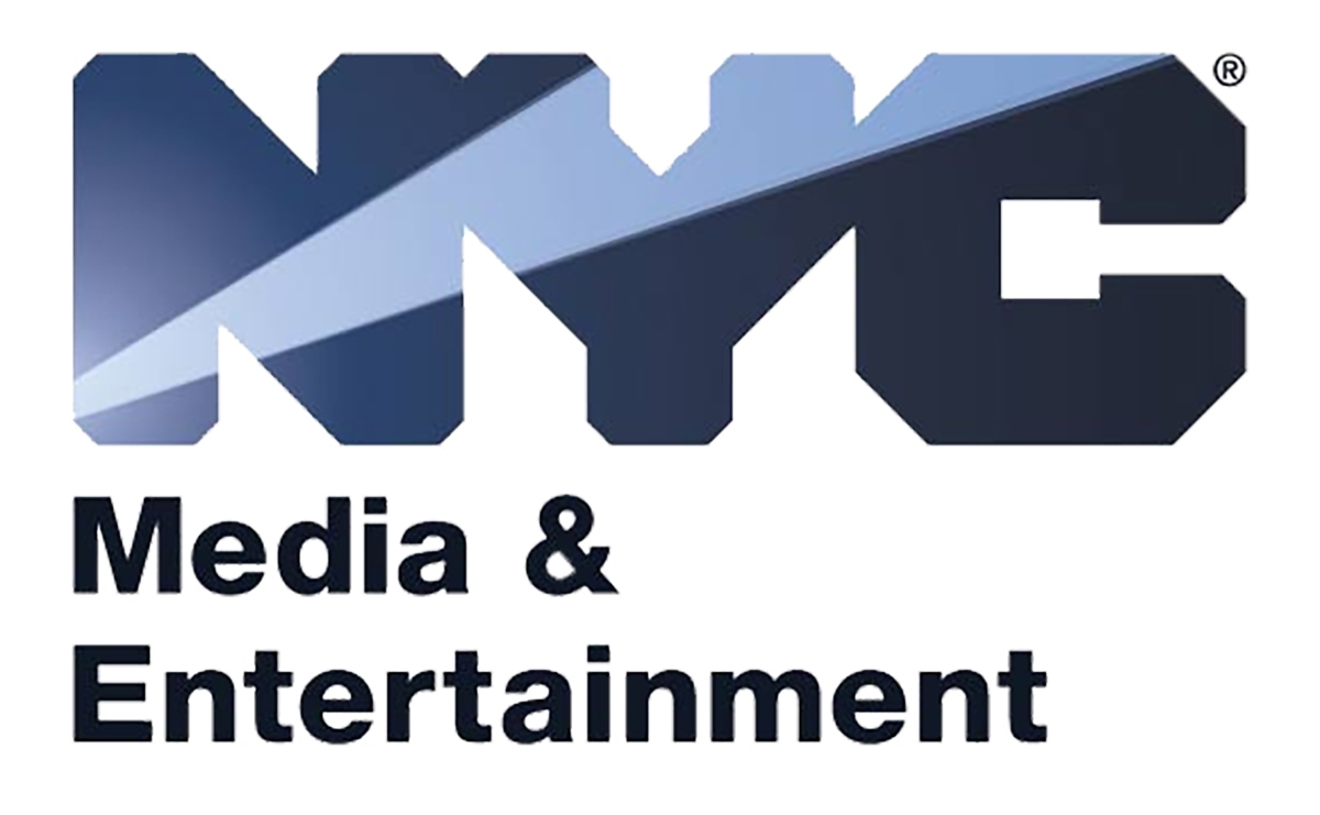 Logo for NYC Media & Entertainment featuring large, bold NYC letters in gradient blue shades with a diagonal light streak, capturing the spirit of dreaming out loud, and Media & Entertainment written below in black text.