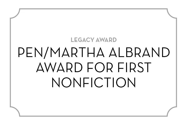 A white placard with a thin gray border reads LEGACY AWARD PEN/MARTHA ALBRAND AWARD FOR FIRST NONFICTION in uppercase black and gray text.