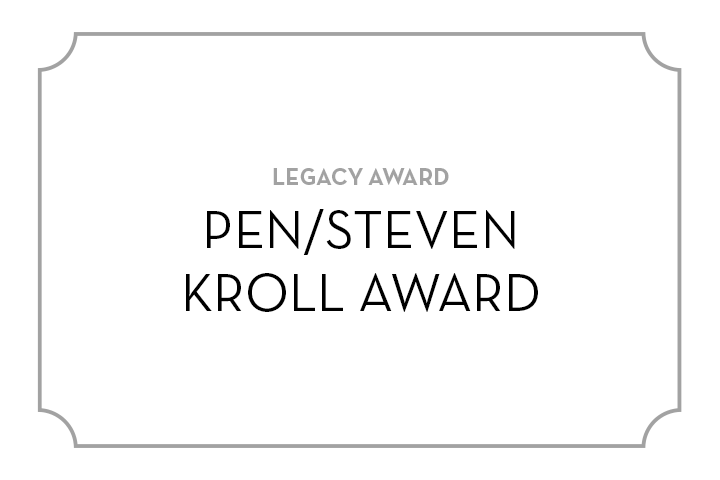 A simple white certificate features the text “LEGACY AWARD PEN/STEVEN KROLL AWARD” in black capital letters, framed by a thin gray border with curved corners.