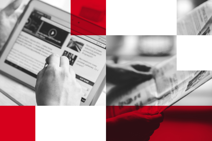 A person reads news on a tablet while another hand holds a newspaper; the image is edited with red and white blocks overlaying the photo, highlighting digital and print media themes and echoing the message: Dont Censor America.