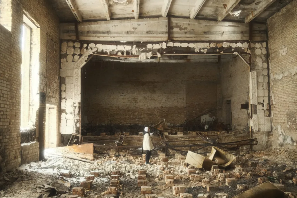 A person in a white helmet stands amid debris in an abandoned, dilapidated building with exposed brick walls, broken furniture, and a partially collapsed ceiling. Light enters through tall windows on the left.