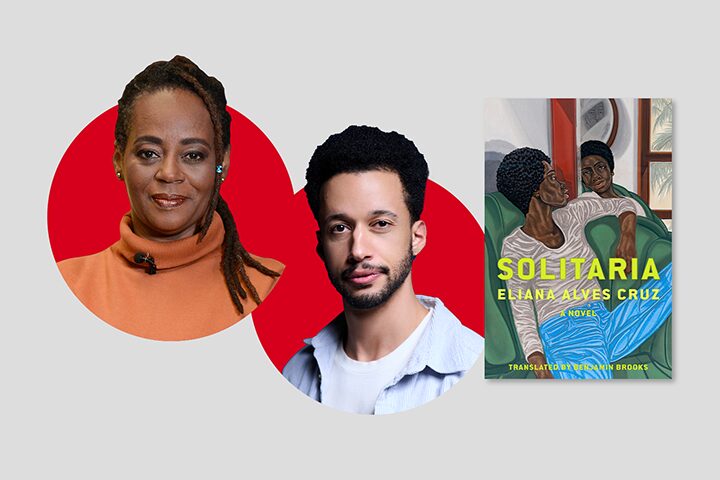 Two authors are pictured in circular frames, one woman on the left with dreadlocks and an orange top, one man in a light shirt on the right. Beside them is the book cover for Solitaria by Eliana Alves Cruz.
