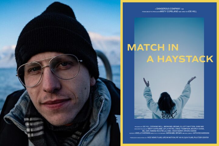 A person with glasses and a beanie stands outdoors in winter gear. Next to them is a movie poster for Match in a Haystack, showing a figure with raised arms, facing a snowy landscape, with film credits at the bottom.
