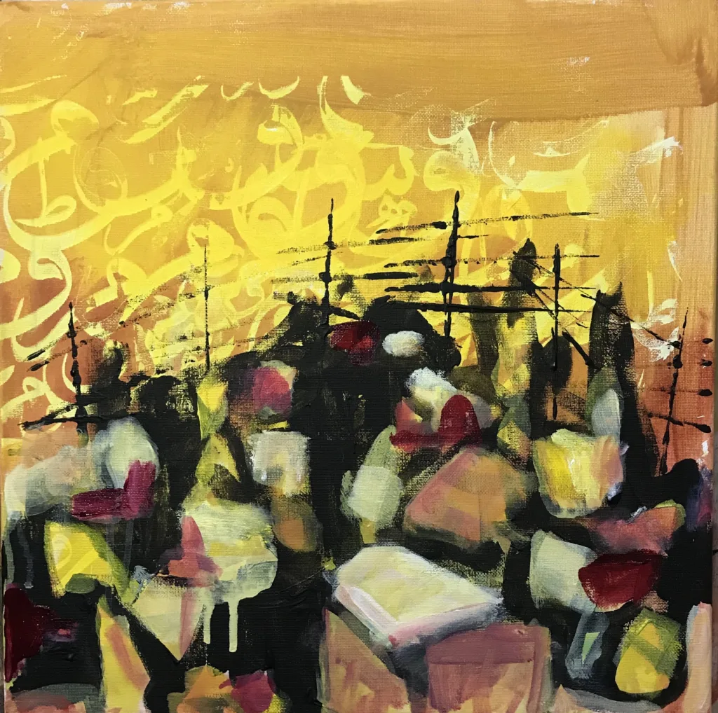 Abstract painting featuring a cityscape with dark, geometric buildings, yellow and orange background, Arabic calligraphy, and black lines resembling antennas. The scene conveys an urban environment at sunset.