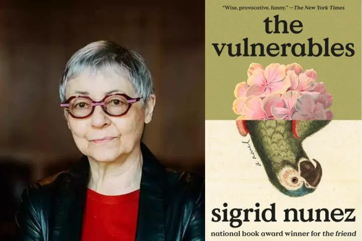 Portrait of author Sigrid Nunez wearing glasses and a dark jacket, next to the cover of her book The Vulnerables, which features pink flowers and an illustration of a green parrot hanging upside down.
