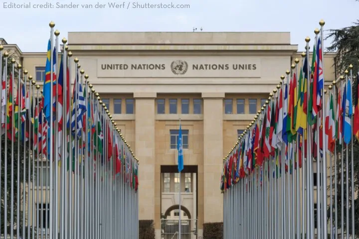 Rows of international flags line a walkway leading to the United Nations Office at Geneva, a beige building with United Nations and Nations Unies written above the entrance.