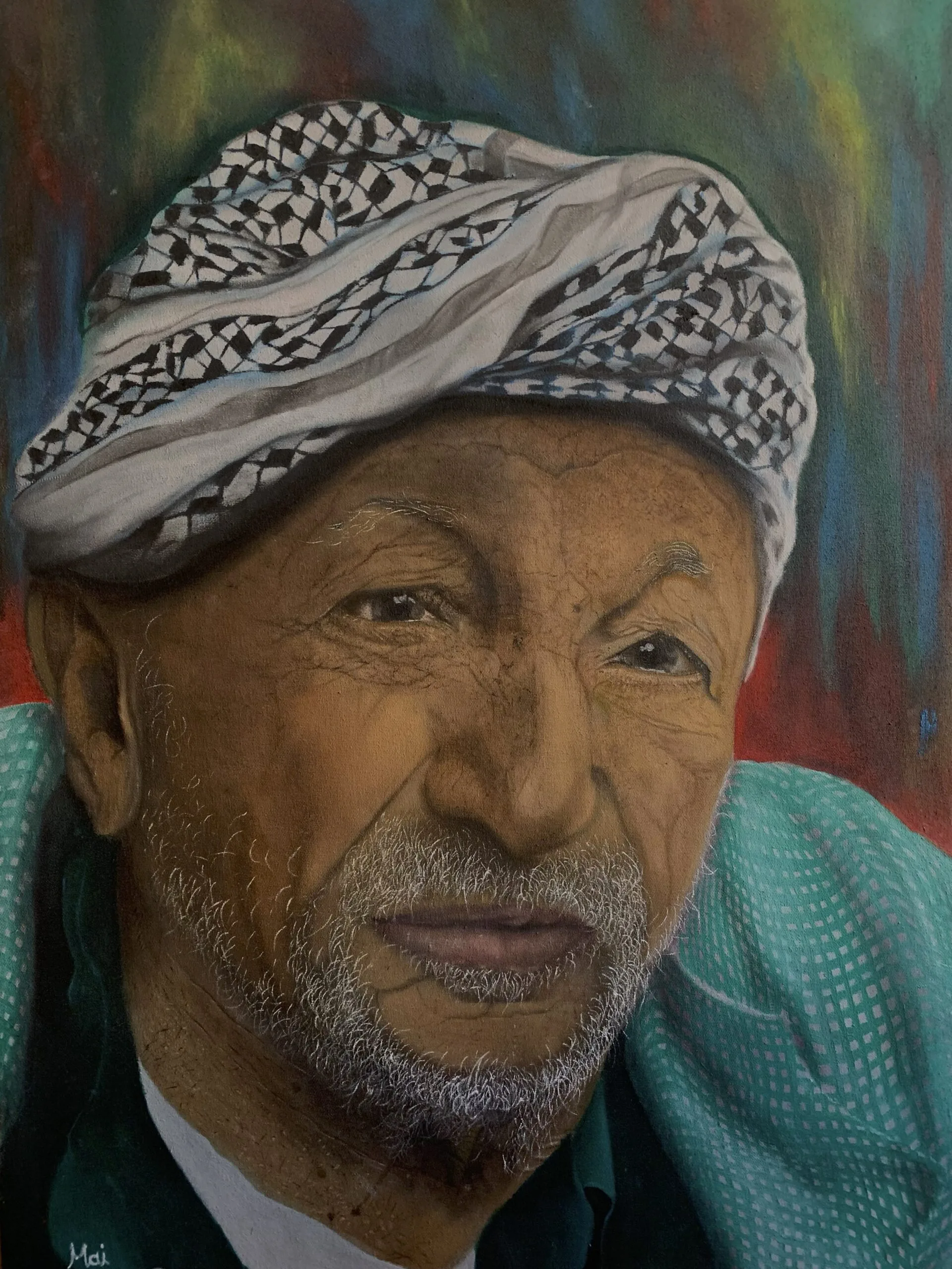 A realistic painting of an elderly man with a weathered face, wearing a black-and-white patterned keffiyeh and a green patterned garment, against a colorful, abstract background.