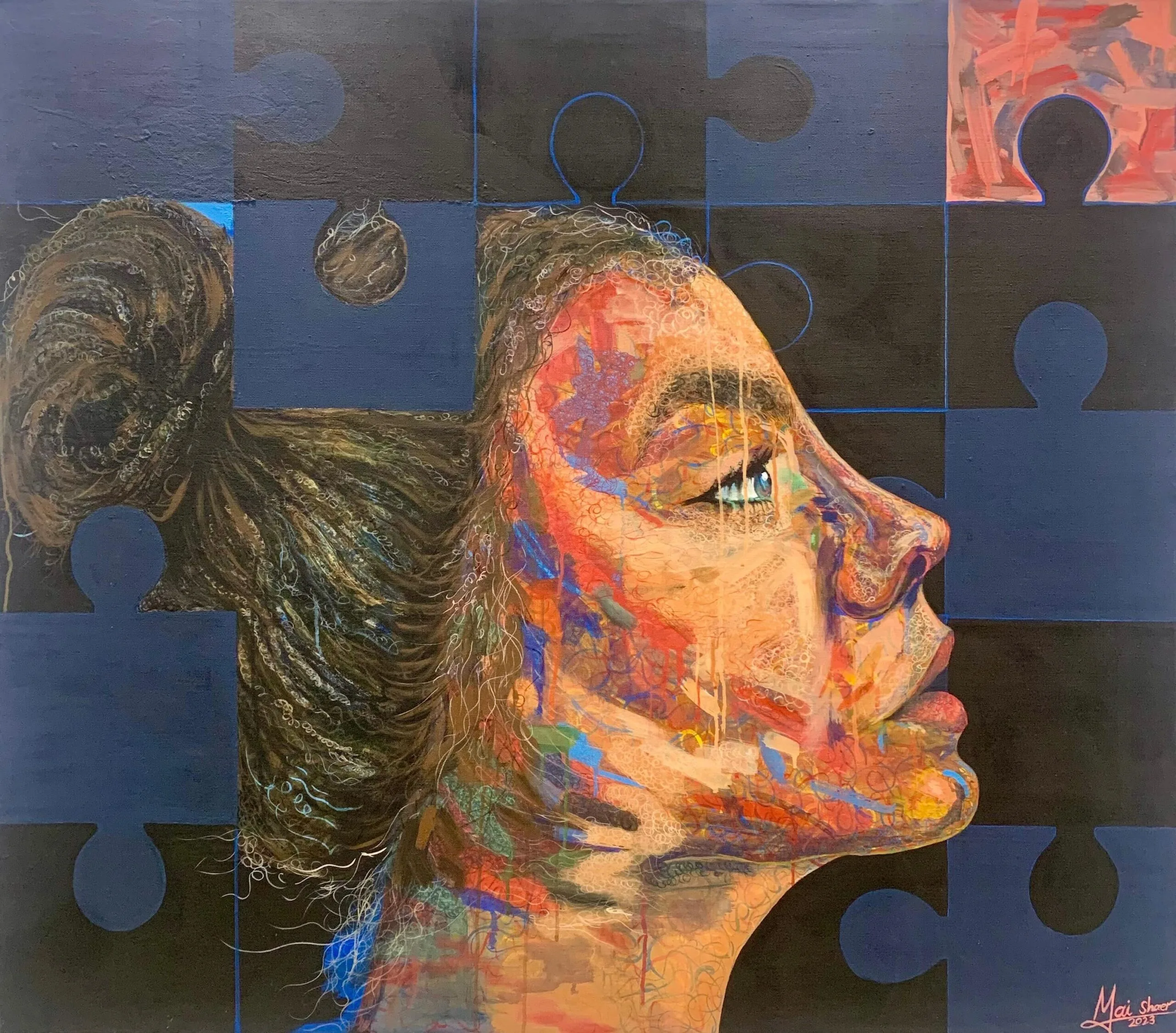 A colorful side profile of a woman’s face painted with abstract patterns, set against a dark blue and black puzzle piece background, with some pieces missing to reveal vibrant colors behind.