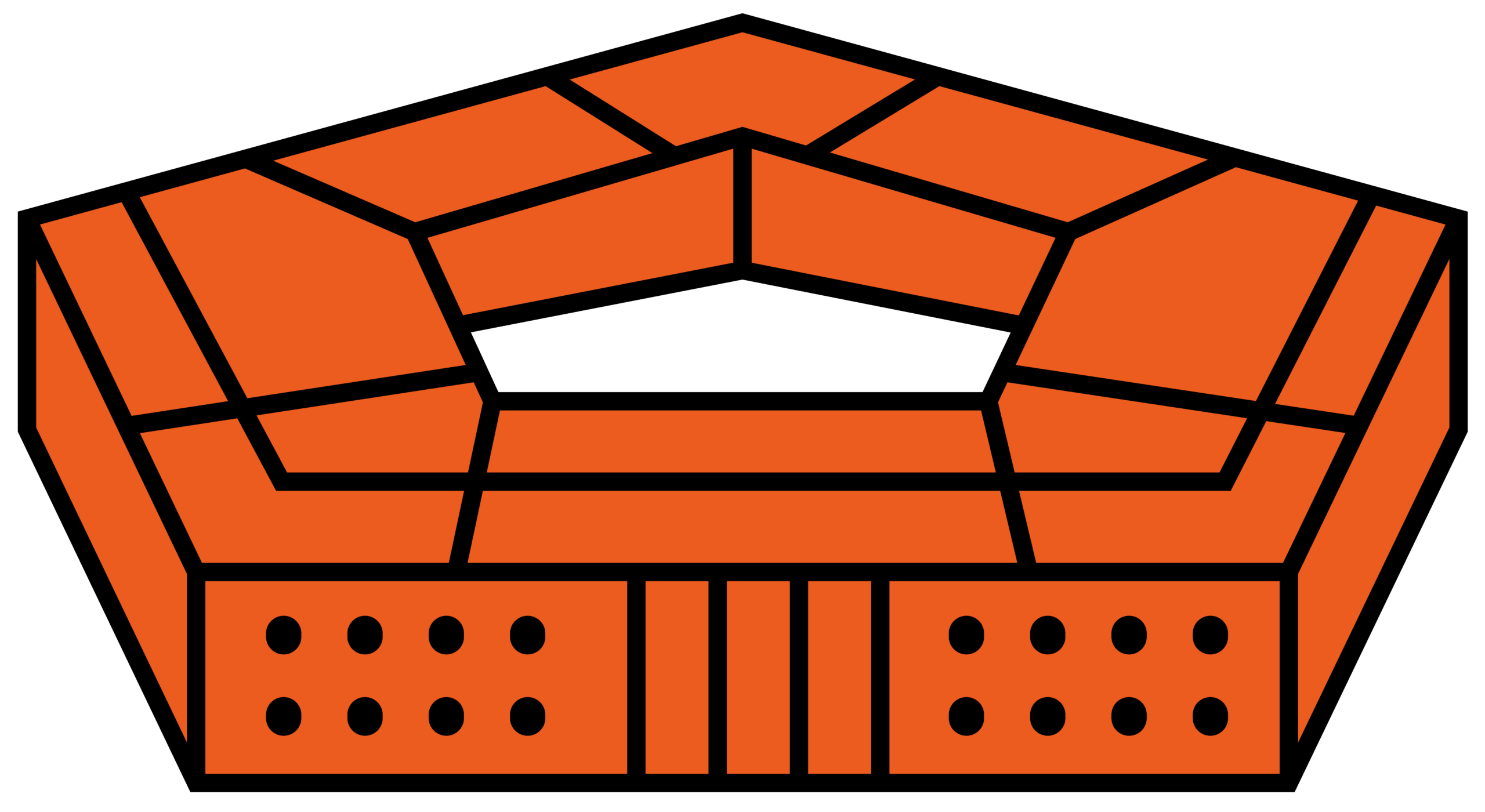 A simplified, stylized illustration of an orange pentagon-shaped stadium viewed from above, with black outlines and rectangular entrances at the front.