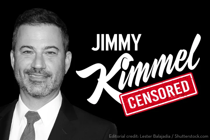 Black and white image of a smiling man in a suit and tie. The text reads “JIMMY Kimmel” with “CENSORED” stamped in red over “Kimmel.” Editorial credit is given at the bottom right.
