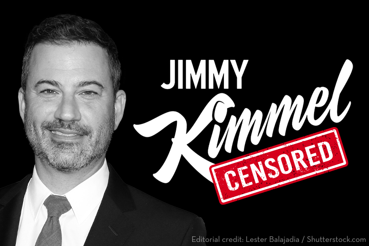 Black and white image of a smiling man in a suit and tie. The text reads “JIMMY Kimmel” with “CENSORED” stamped in red over “Kimmel.” Editorial credit is given at the bottom right.