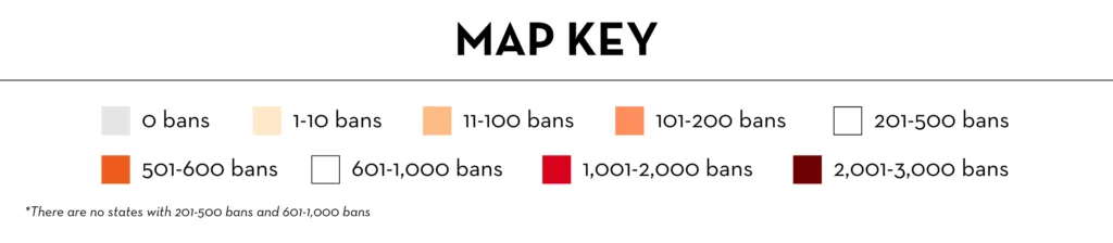 Map key showing color and shade codes representing different ranges of book bans: 0, 1-10, 11-100, 101-200, 201-500, 501-600, 601-1,000, 1,001-2,000, and 2,001-3,000 bans.
