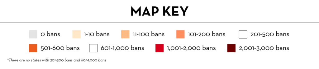 Map key showing color and shade codes representing different ranges of book bans: 0, 1-10, 11-100, 101-200, 201-500, 501-600, 601-1,000, 1,001-2,000, and 2,001-3,000 bans.