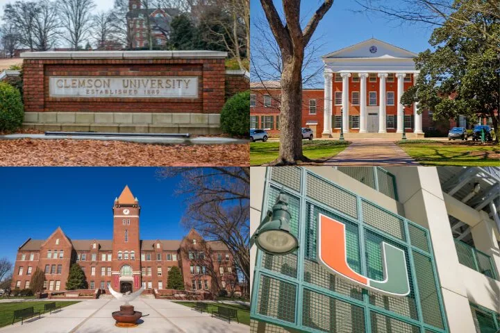 A collage of four college campuses: a Clemson University sign, a building with columns, a red-brick building with a clock tower, and a green University of Miami “U” logo on a stadium wall.