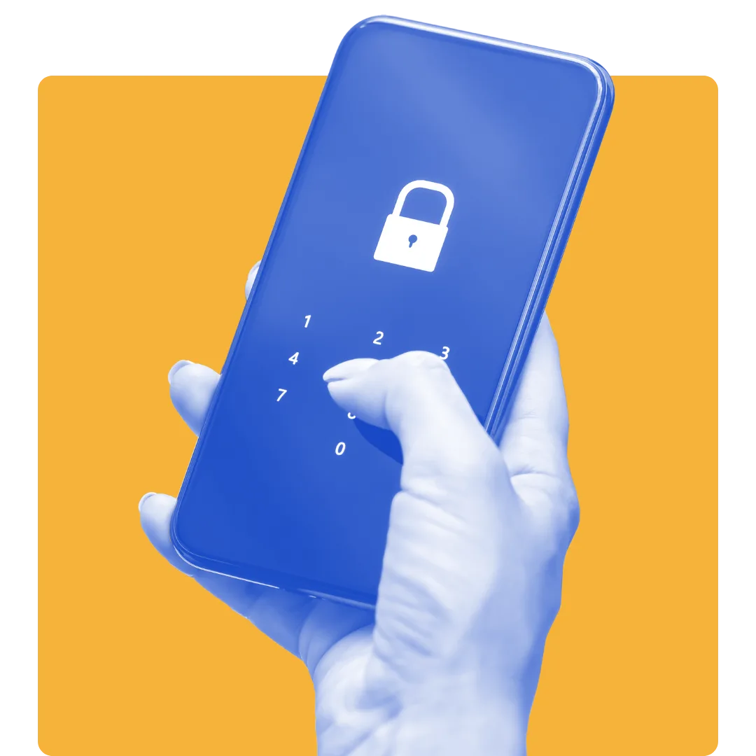 A hand holds a smartphone with a lock icon and a numeric keypad visible on the screen, suggesting the phone is locked or requires a passcode. The background features a solid orange rectangle.