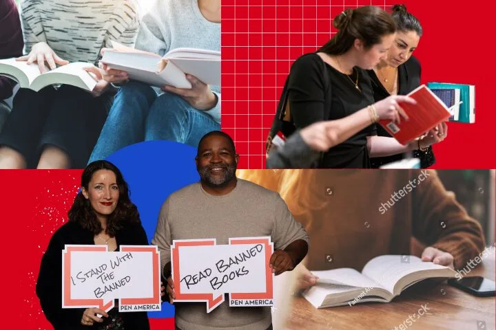 A collage shows people reading books and holding signs that say Stand with the Banned and Read Banned Books, supporting PEN America’s advocacy against book banning and celebrating the power of PEN America membership.