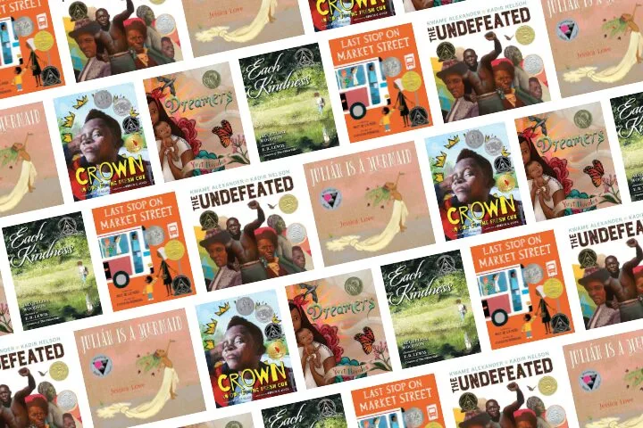 A collage of diverse childrens book covers, including titles like Crown, Dreamers, The Undefeated, Each Kindness, and Last Stop on Market Street, all featuring award emblems.