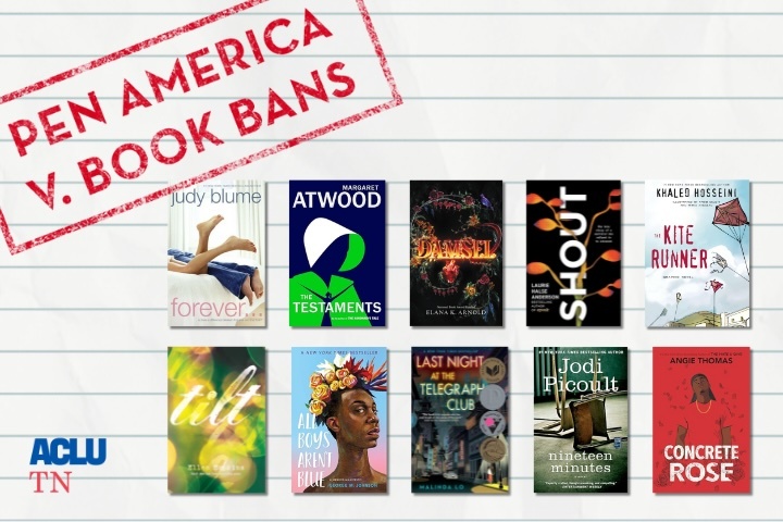 Ten book covers are displayed in two rows under the heading “PEN America v. Book Bans.” The logos for ACLU and TN appear in the lower left corner.