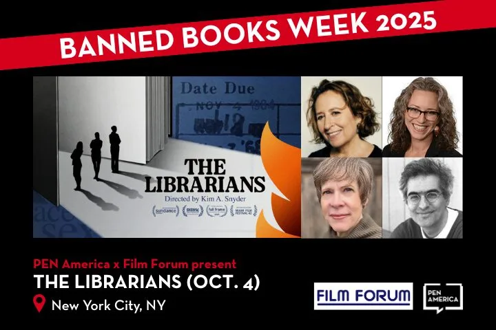 Promotional graphic for Banned Books Week 2025 features The Librarians film event on October 4 in NYC, with photos of four women, event details, and logos for PEN America and Film Forum.