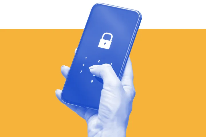 A hand holding a smartphone with a lock icon and a numeric keypad on the screen, suggesting the phone is being unlocked, against a yellow and white background.